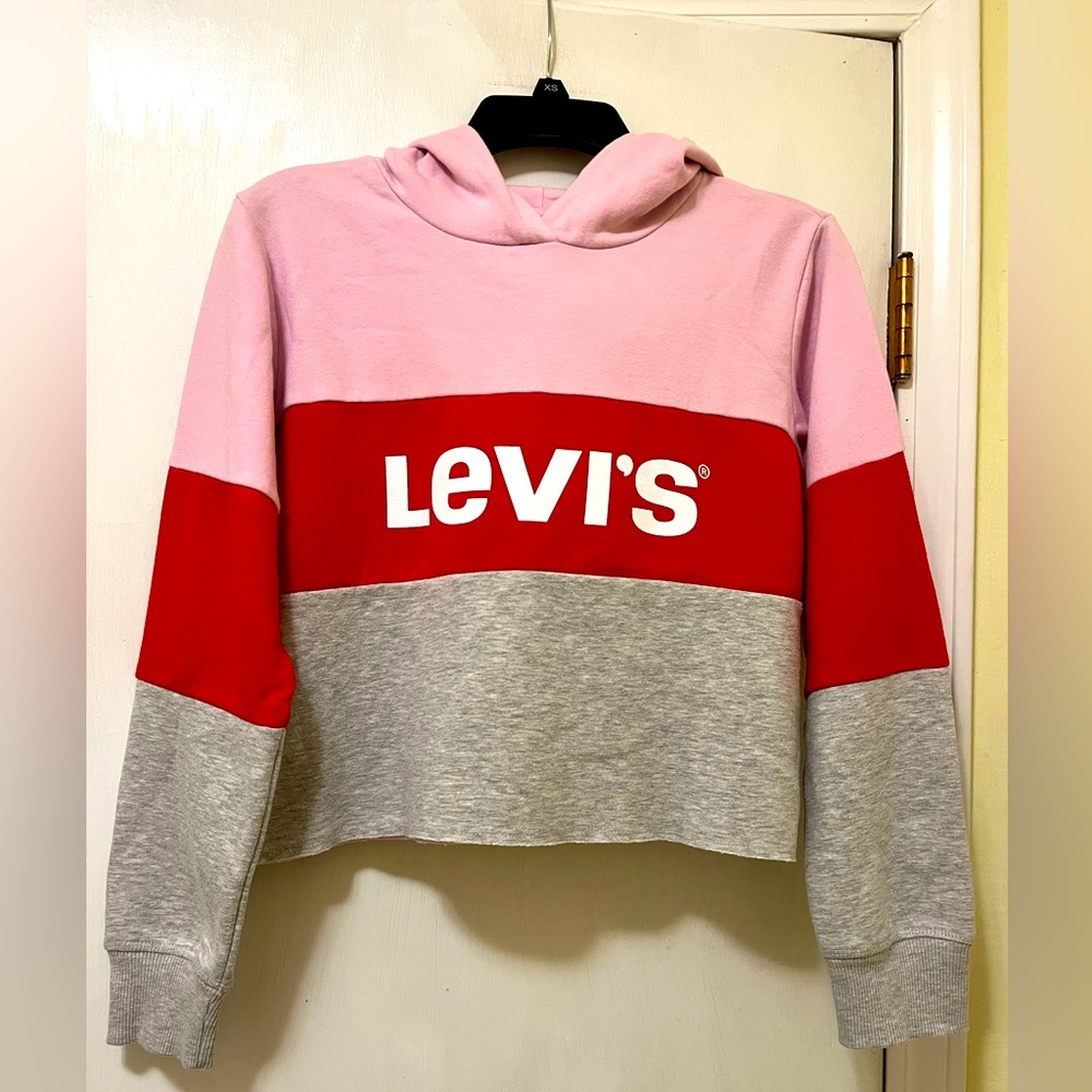 Levi’s Girls Color Block Red Gray Pink Cropped Hoodie Pullover sweatshirt XL